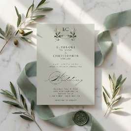 Invitación Sage Green Olive Branch Monogram Wedding