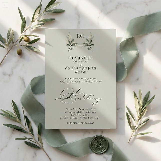 Invitación Sage Green Olive Branch Monogram Wedding (Subido por el creador)