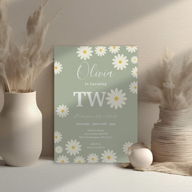 Invitación Sage Green Olive Daisy Floral 2º fiesta de cumplea (Subido por el creador)