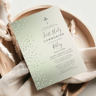 Invitación Sage Green Ombre Confeti Primera Comunión