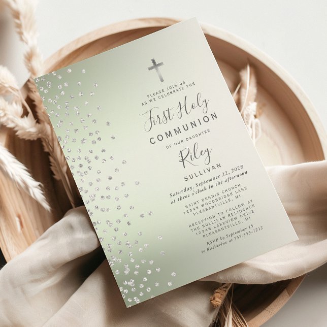 Invitación Sage Green Ombre Confeti Primera Comunión (Subido por el creador)