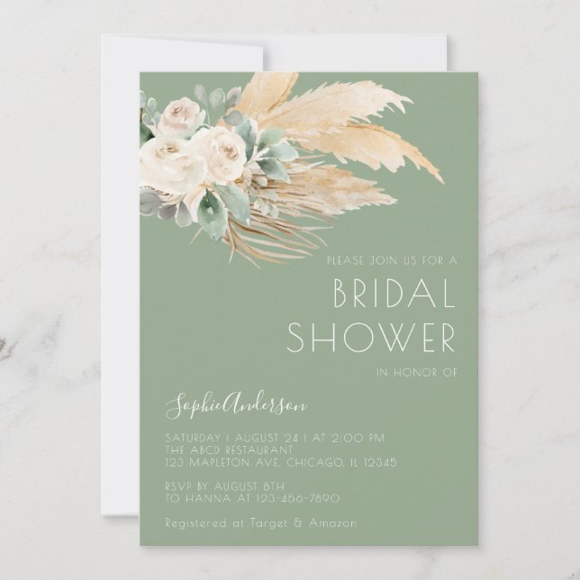 Invitación Sage Green Pampas Grass Boho Bridal Shower (Anverso)