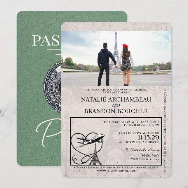 Invitación Sage Green Paris Passport Boda (Anverso / Reverso)