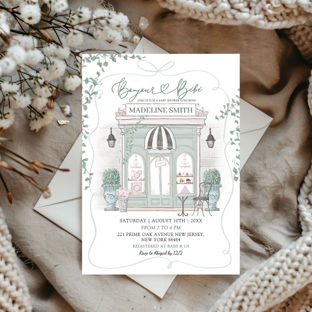 Invitación Sage Green Parisian Cafe Bounjour Bebe Baby Shower (Subido por el creador)