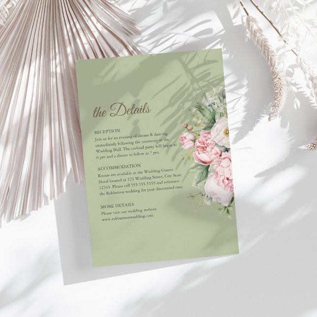 Invitación Sage Green Peony Floral Wedding Details Card (Sage Green Peony Floral Wedding Details Card on a sunny table with dry white botanicals)
