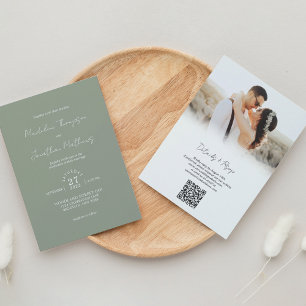 Invitación Sage Green Photo Budget Wedding QR Code Rsvp