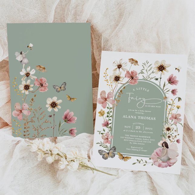 Invitación Sage Green Pink Boho Fairy Wilflower Baby Shower (Subido por el creador)