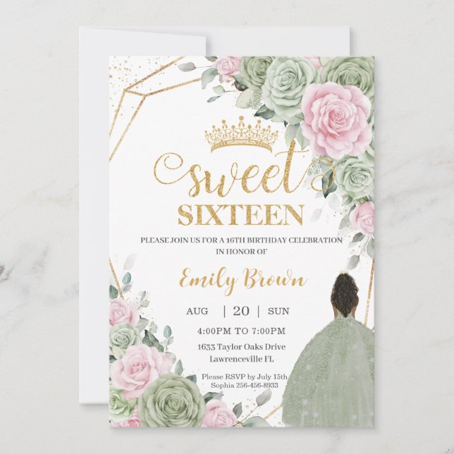 Invitación Sage Green Pink Floral Brown Chica Dulce (Anverso)