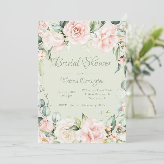 Invitación Sage Green & Pink Floral Elegante Ducha Bridal (Anverso de pie)