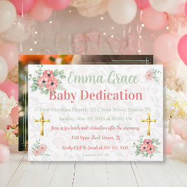 Invitación Sage Green & Pink Floral Photo Baby Dedication 