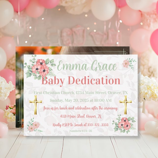 Invitación Sage Green & Pink Floral Photo Baby Dedication  (Subido por el creador)