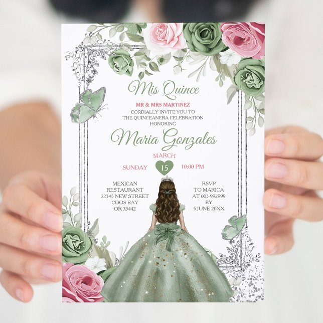 Invitación Sage Green Pink Mis Quince 15 Anos Crown (Subido por el creador)
