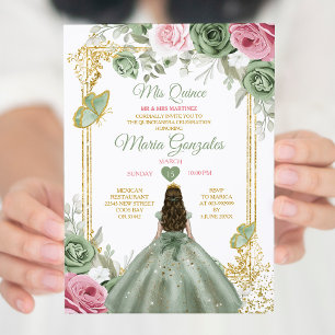 Invitación Sage Green Pink Mis Quince 15 Anos Crown