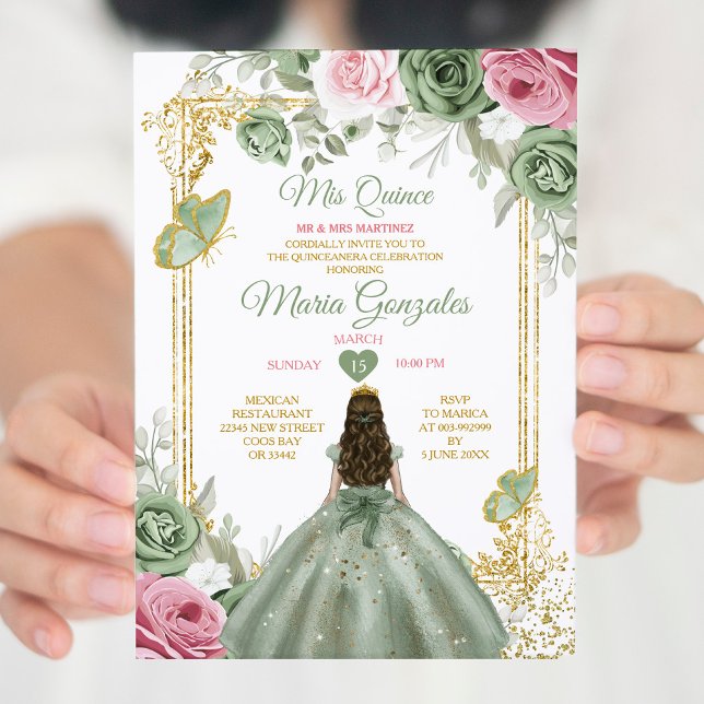 Invitación Sage Green Pink Mis Quince 15 Anos Crown (Subido por el creador)