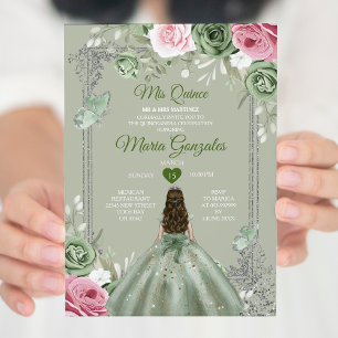 Invitación Sage Green Pink Mis Quince 15 Anos Crown