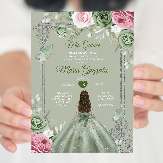 Invitación Sage Green Pink Mis Quince 15 Anos Crown (Subido por el creador)