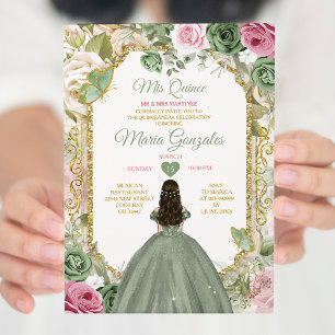 Invitación Sage Green Pink Mis Quince 15 Anos Crown Butterfly
