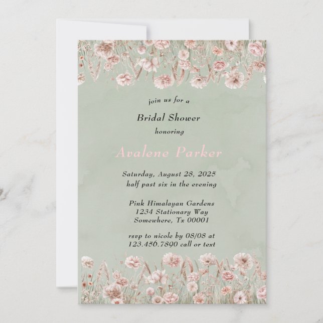Invitación Sage Green Pink Peony Watercolor Brillante (Anverso)