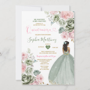 Invitación Sage Green & Pink Princess Floral Gold Quiñceanera