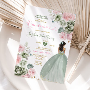 Invitación Sage Green & Pink Princess Floral Gold Quiñceanera