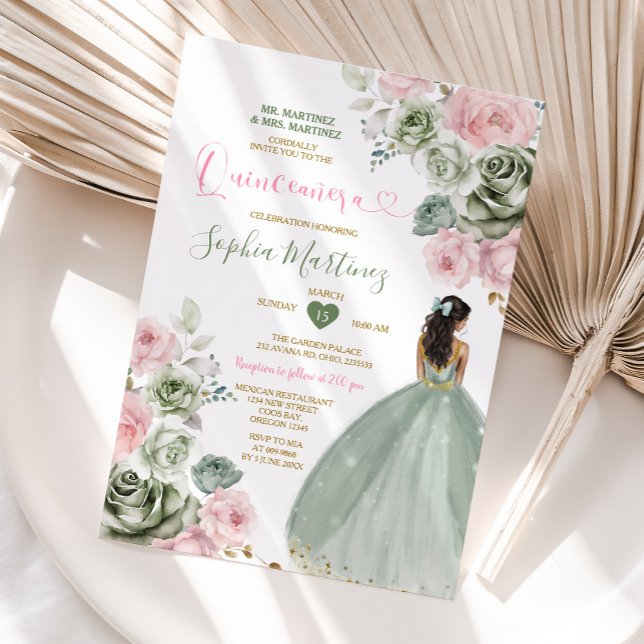 Invitación Sage Green & Pink Princess Floral Gold Quiñceanera (Subido por el creador)