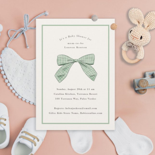 Invitación Sage Green Plaid Bow Elegant Baby Shower (Subido por el creador)