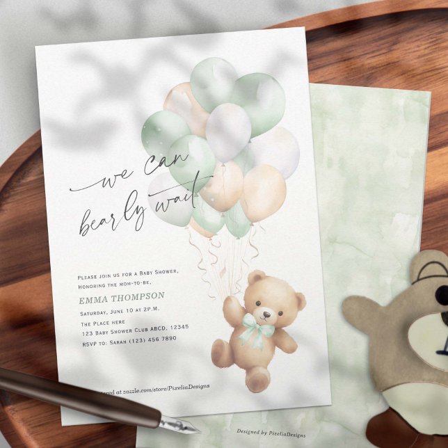 Invitación Sage Green podemos esperar prematuramente a ducha  (Sage Green We Can Bearly Wait, Cute Teddy Bear Gender Neutral Baby Shower Invitation.)