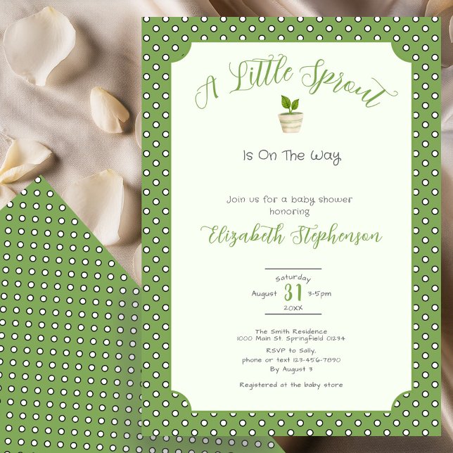 Invitación Sage Green Polka Dots Little Sprout Baby Shower (Subido por el creador)