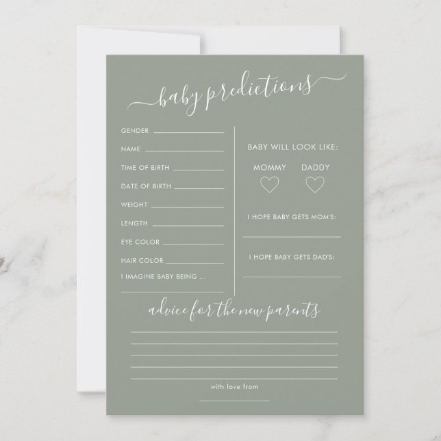 Invitación Sage Green Predictions Baby Shower Game Card (Anverso)