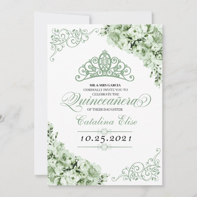 Invitación Sage Green Princess Crown Quinceanera Cumpleaños (Anverso)