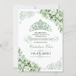 Invitación Sage Green Princess Crown Quinceanera Cumpleaños