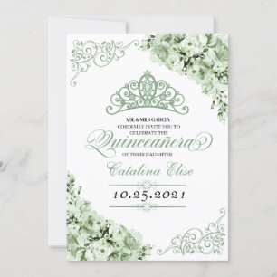 Invitación Sage Green Princess Crown Quinceanera Cumpleaños