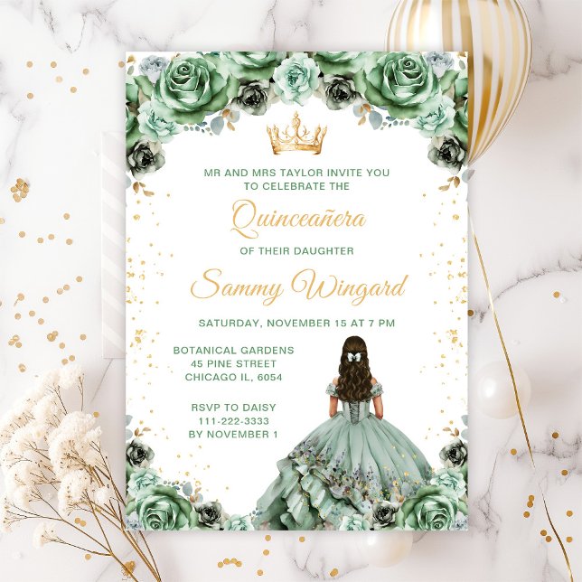 Invitación Sage Green Princess Floral Quinceañera (Subido por el creador)