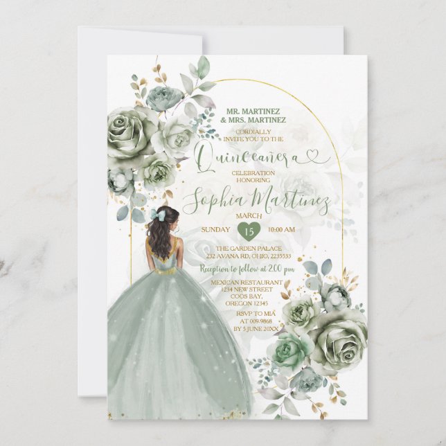 Invitación Sage Green Princess Florines Gold Crown Quiñceaner (Anverso)