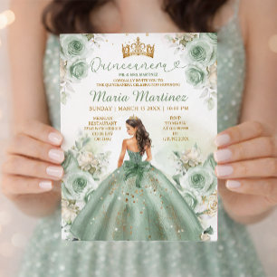 Invitación Sage Green Princess Vestido Floral Gold Quinceañer