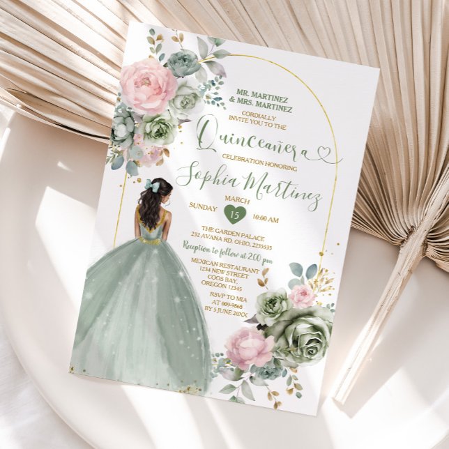 Invitación Sage Green Princess Vestido Floral Rosa Quiñceaner (Subido por el creador)