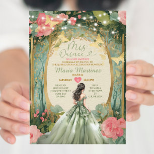Invitación Sage Green Princess Vestido Gold Forest Mis Quince