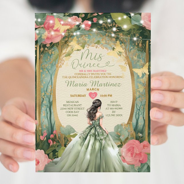 Invitación Sage Green Princess Vestido Gold Forest Mis Quince (Subido por el creador)