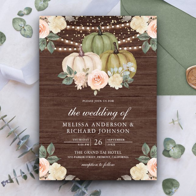 Invitación Sage Green Pumpkin Dusty Peach Floral Wood Boda (Subido por el creador)