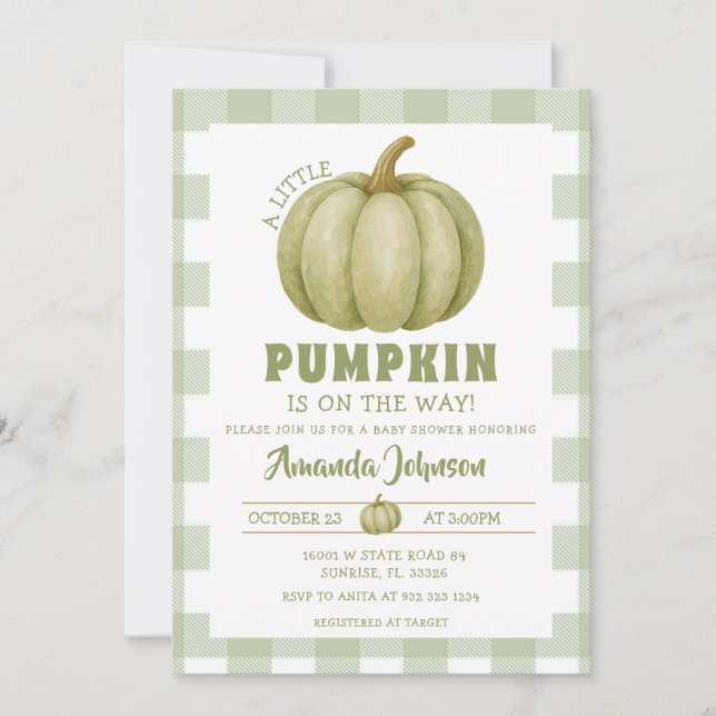 Invitación Sage Green Pumpkin está en camino Baby Shower (Anverso)