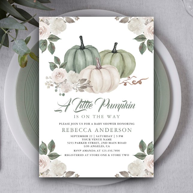 Invitación Sage Green Pumpkin Floral Fall Baby Shower (Subido por el creador)