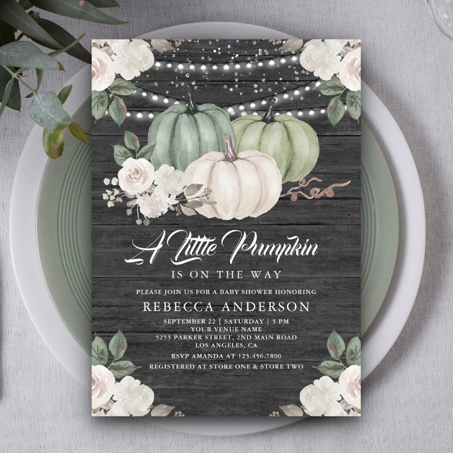 Invitación Sage Green Pumpkin Floral Fall Wood Baby Shower (Subido por el creador)