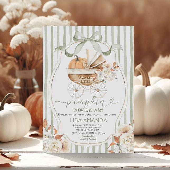 Invitación Sage Green Pumpkin Stroller Floral Baby Shower (Subido por el creador)