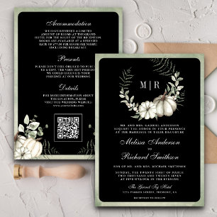 Invitación Sage Green Pumpkin Wreath Código QR Boda negro
