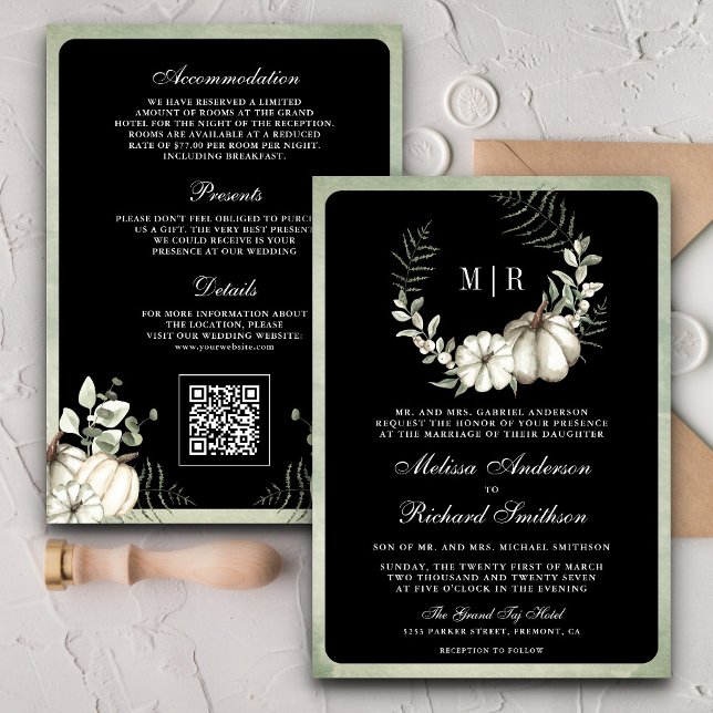 Invitación Sage Green Pumpkin Wreath Código QR Boda negro (Subido por el creador)