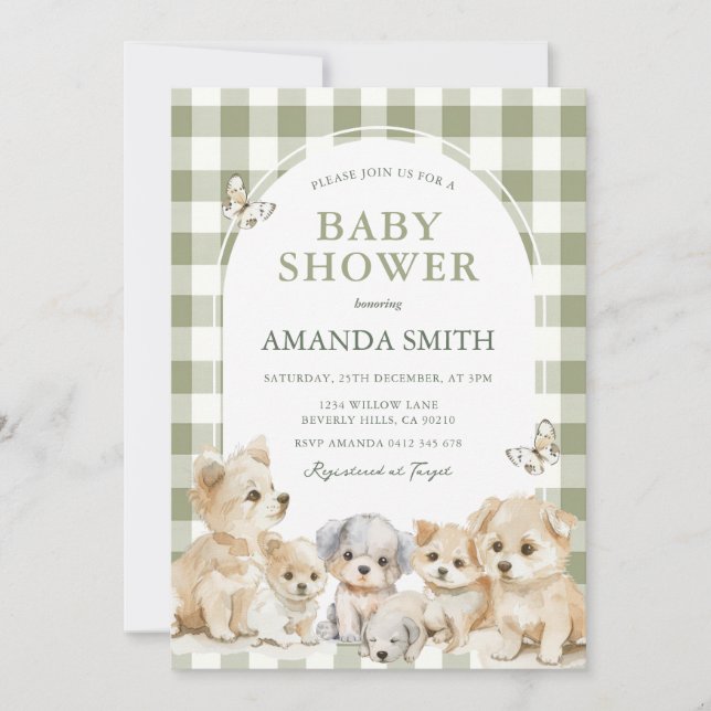 Invitación Sage Green Puppy Dog Boy Baby Shower  (Anverso)