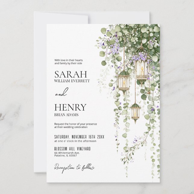 Invitación Sage Green Purple Floral Lantern Wedding (Anverso)