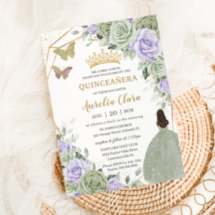 Invitación Sage Green Purple Lavender Floral Gold Quinceañera