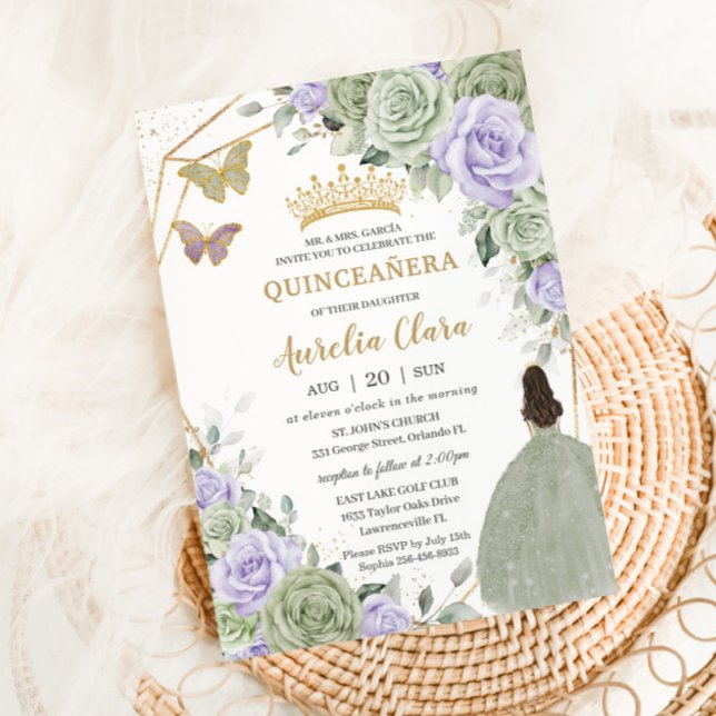 Invitación Sage Green Purple Lavender Floral Gold Quinceañera (sage-green-lavender-purple-floral-girl-doll-gown-dress-invitation-cards-gold-quinceanera-sweet-16)
