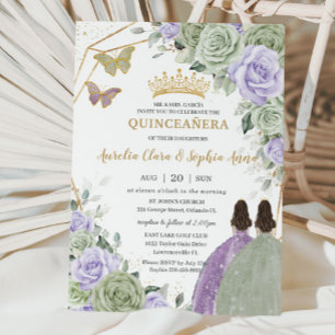 Invitación Sage Green Purple Lavender Floral Twin Quinceañera